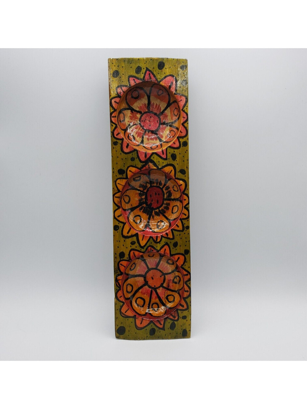 Hand Painted Divided Wood Tray Rectangle 3 Section Floral Boho Votive Holder